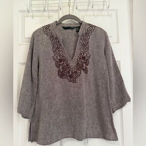 100% Linen SZ L Brown V-neck Top  3/4 Length Sleeve Embroidery Neckline Comfort